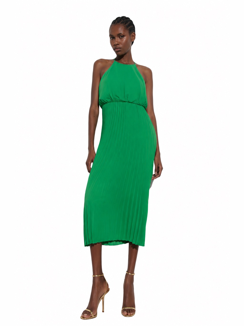 Zara Nwt Green Pleated Halter Midi Dress | Sleeveless Wedding Guest